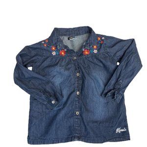Kensie Denim Chambray Shirt Top Floral Embroidery